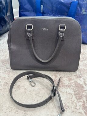 Furla Charcoal Saffiano Dome Satchel with Detachable Strap
